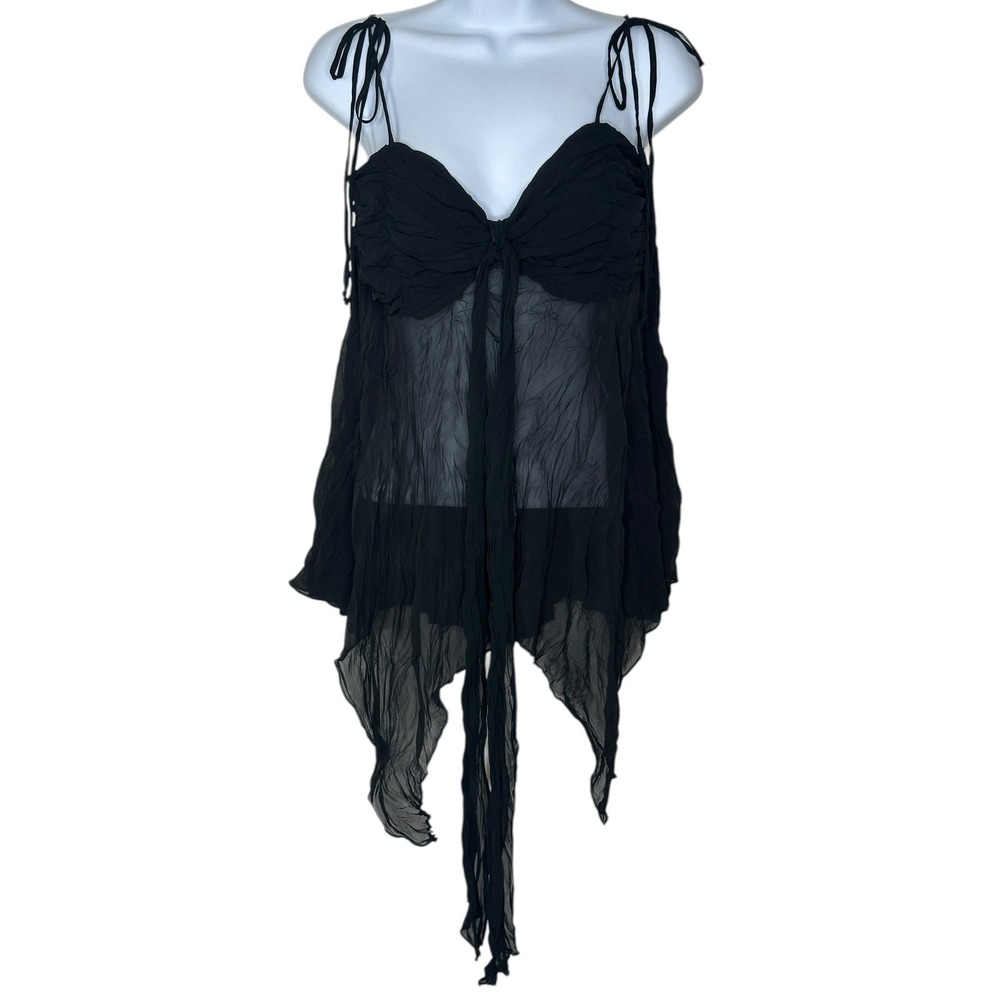 New Rampage Babydoll Top Large Black Sheer Crinkle Handkerchief Whimsigoth Y2K